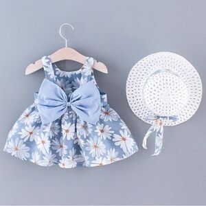2pcs Baby Girl Little Daisy Bowknot Dress with Hat Set